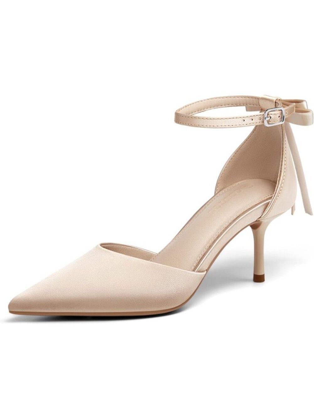 Women's Tan Kitten Low Heels Closed Pointed Toe Pumps Bow Ankle Strap Shoes